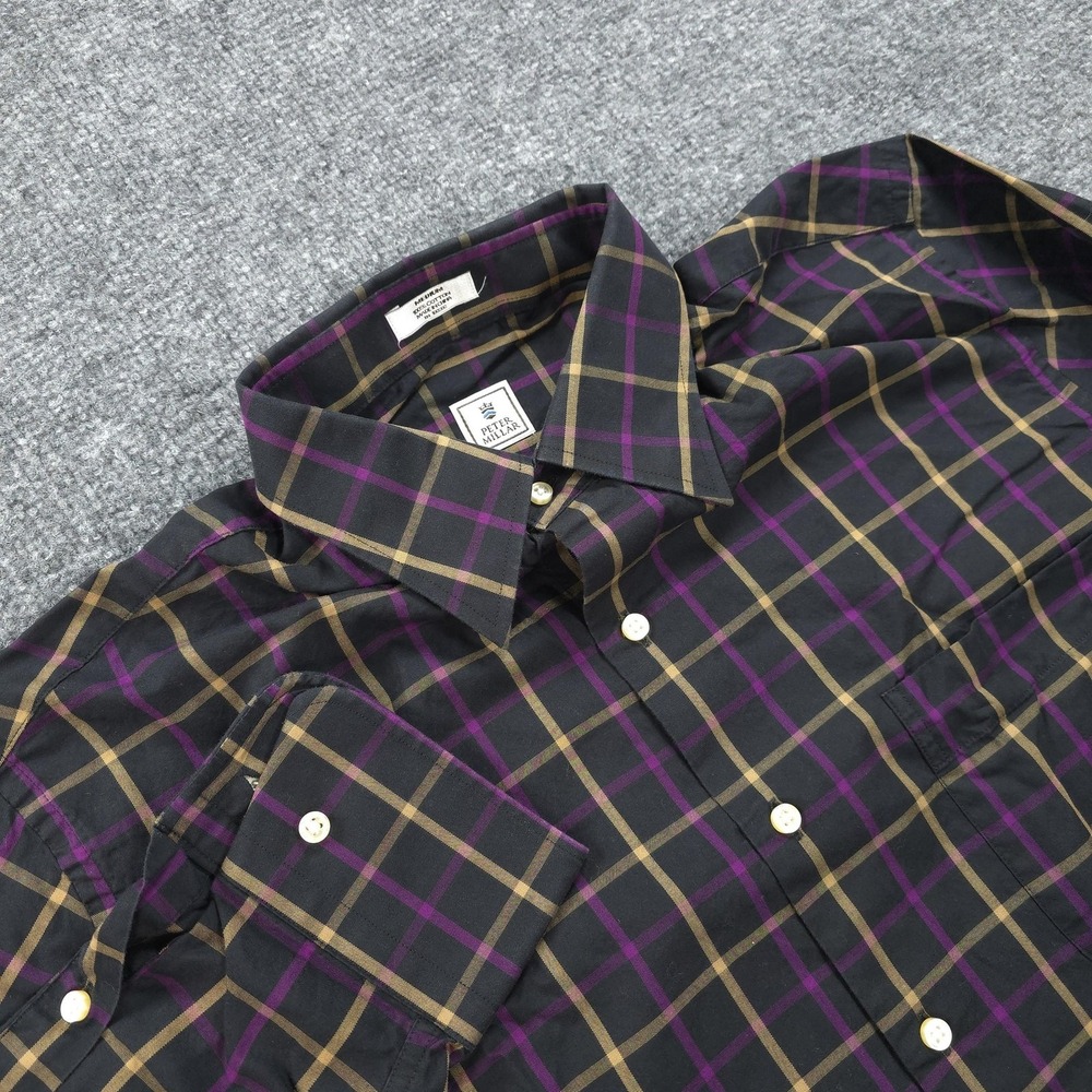 Peter Millar Shirt Mens Medium Black Purple Plaid 100% Cotton Button Up Casual